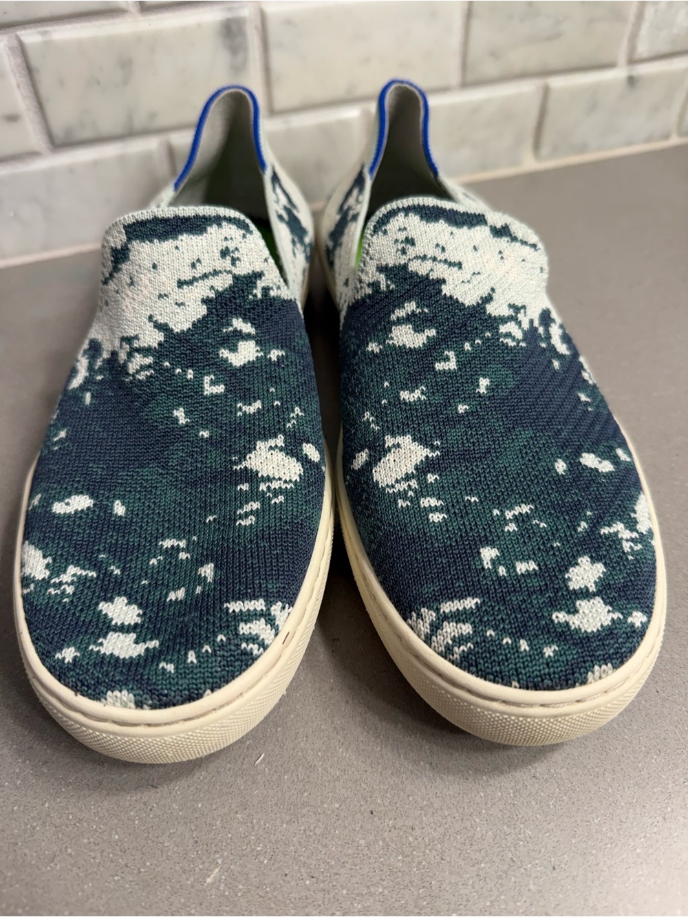 Rothy's Women’s Slip-On Knit Sneakers in Navy, Green & White